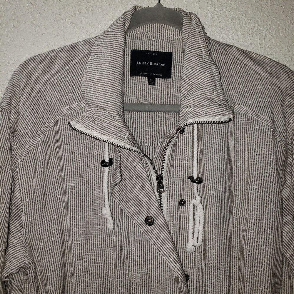 Lucky Brand Sz L Women's Linen Blend Striped Jacket Full Zip Waist Drawstring - Picture 2 of 12
